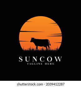 Cow logo vintage with sun background vector illustration design