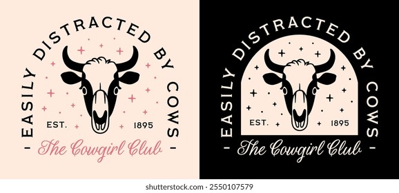 Vaca amante cowgirl clube humor engraçado cita adesivo meninas camisa design facilmente distraído por vacas. Bonito retro vintage rosa estética rancho do país rancho animais presentes cartaz imprimível vetor corte arquivo.