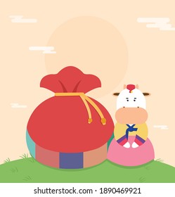 A cow in a lucky bag and hanbok