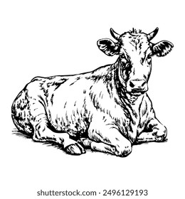 cow lying down, side view, on a white background