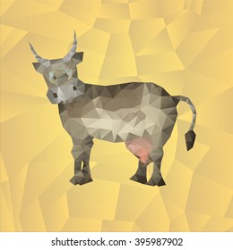 Cow made of polygons in the background. Illustration for children. Vector illustration