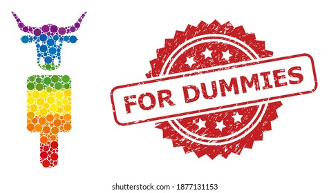 Cow man collage icon of filled circle items in variable sizes and LGBT color tinges, and For Dummies dirty rosette stamp seal. A dotted LGBT-colored Cow man for lesbians, gays, transgenders,