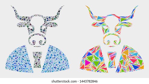 Cow man mosaic icon of triangle items which have various sizes and shapes and colors. Geometric abstract vector illustration of cow man.