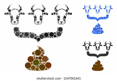Cow manure aggregator funnel composition of circle elements in variable sizes and color tinges, based on cow manure aggregator funnel icon. Vector circle elements are grouped into blue collage.