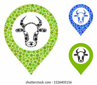 Cow map marker composition for cow map marker icon of round dots in different sizes and shades. Vector round dots are grouped into blue composition.