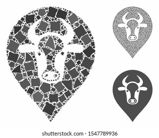 Cow map marker mosaic of ragged pieces in different sizes and color tones, based on cow map marker icon. Vector ragged pieces are combined into collage.