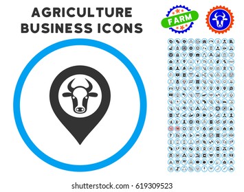 Cow Map Marker rounded icon with agriculture business icon package. Vector illustration style is a flat iconic symbol inside a circle, blue and gray colors. Designed for web and software interfaces.