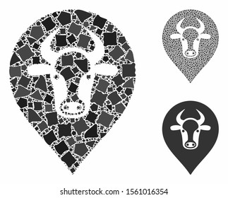 Cow map pointer composition of raggy elements in various sizes and color hues, based on cow map pointer icon. Vector raggy elements are composed into collage.
