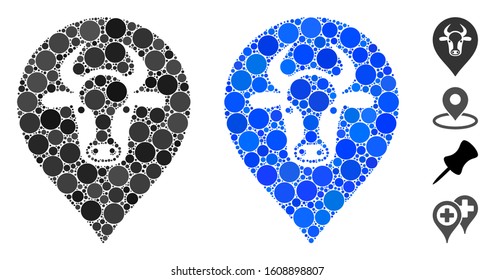 Cow map pointer composition of small circles in different sizes and color tinges, based on cow map pointer icon. Vector small circles are composed into blue composition.