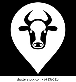 Cow Map Pointer vector icon. Flat white symbol. Pictogram is isolated on a black background. Designed for web and software interfaces.
