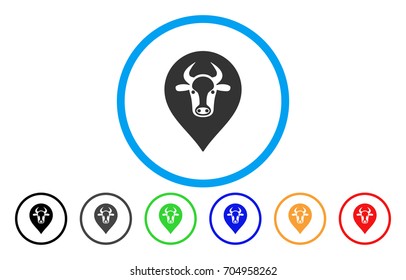 Cow Map Pointer vector rounded icon. Image style is a flat gray icon symbol inside a blue circle. Bonus color versions are grey, black, blue, green, red, orange.