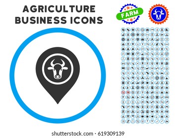 Cow Marker rounded icon with agriculture business icon clip art. Vector illustration style is a flat iconic symbol inside a circle, blue and gray colors. Designed for web and software interfaces.