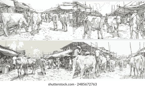 
cow market, people with cow, bye and sale, line art