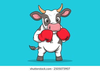 Vaca Mascota Ilustración de pie con dos guantes de boxeo. Estilo plano de la historieta conveniente para la página de aterrizaje, Anuncio, etiqueta engomada, fondo