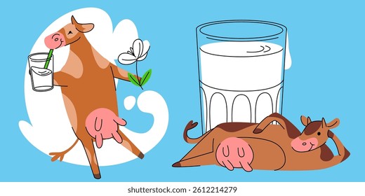 Cow mascot illustrations set - funny cartoon bovine with daisy flower drinking milk, lying near glass of drink. Brown spotted cattle character with pink udder. Childish doodle animals for dairy design