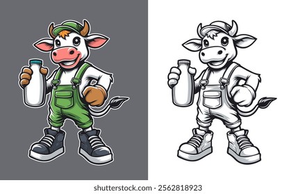 Cow Mascot Vector Illustration in Color and Black White