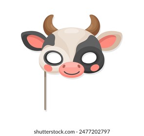 Máscara de vaca para carnaval o fiesta de cumpleaños cara, accesorios de Vector de dibujos animados. Máscara divertida del bozal del animal de vaca en el palo para el cumpleaños de los niños o el evento de la mascarada y disfraz feliz del animal del zoológico