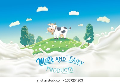 Cow in the meadow, in a cartoon style and a splash of milk in the foreground