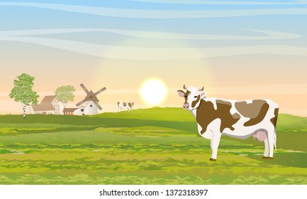 The cow in the meadow. Countryside in summer. Mill, barn and house with garden. Outbuildings. Green field. Vector Landscape