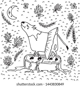 A cow in the meadow dreams of ballet in doodle style. Vector illustration on white background. Can be used for coloring book page design.