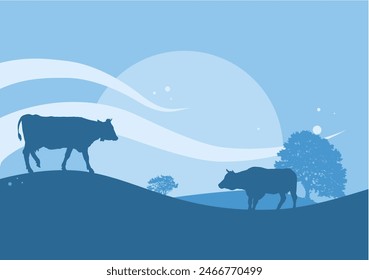 Cow in the meadow, fresh milk. Blue vector illustration, banner, background