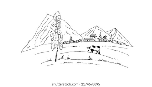 Vaca en la pradera. Silueta vectorial de línea.