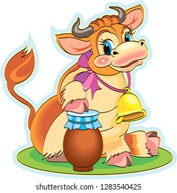 vaca en un prado con leche. vectorial