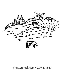 Cow in the meadow. Vector drawing.