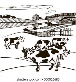 Cow in the meadow. Vector illustration. Lines image. Black and white. Rural landscape with cow