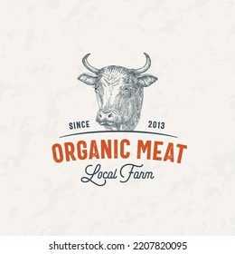 Cow Meat Farm Retro Badge Logo Template. Hand Drawn Cattle Face Sketch with Retro Typography. Vintage Beef Steaks Sketch Emblem. Isolated