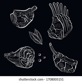 Kuh, Fleisch, Rindskreide Vektorillustration einzeln auf schwarzem Hintergrund. Konzept für Logo, Karten, Symbol, Menü
