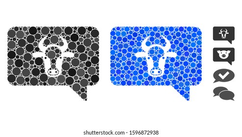 Cow message composition of spheric dots in various sizes and color tones, based on cow message icon. Vector round dots are grouped into blue composition.