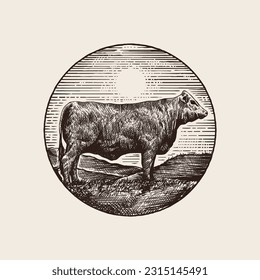 Cow in the middle of the grass field. With vintage drawing techniques like linocut