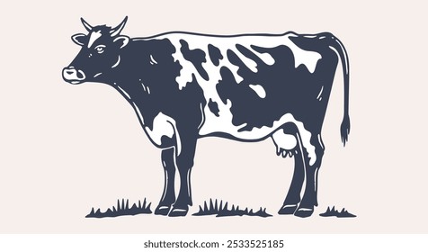 Cow, milk, beef. Vintage retro print, black white cow, milk, beef sketch ink pencil drawing, engrave old school. Sketch artwork silhouette cow milk. Side view profile beef bull. Vector Illustration