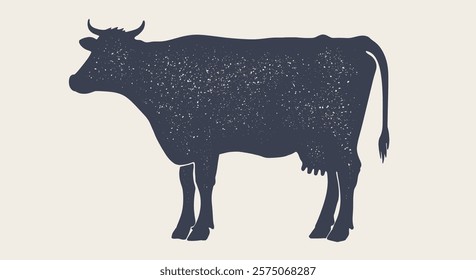 Cow, milk, beef. Vintage retro print, black white cow, milk, beef sketch ink pencil drawing, engrave old school. Sketch artwork silhouette cow milk. Side view profile beef bull. Vector Illustration