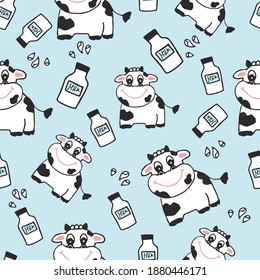 COW WITH MILK BOTTLE SEAMLESS PATTERN ILLUSTRATION VECTOR