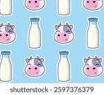 Cow and milk bottle. Vector pattern.