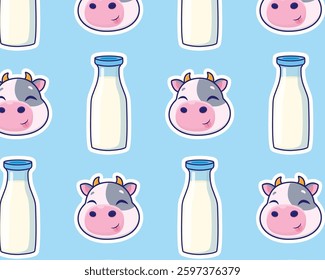 Cow and milk bottle. Vector pattern.