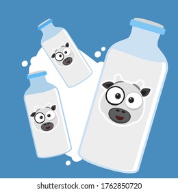 Cow milk bottles cartoon design.Vector illustration of glasses milk bottles.