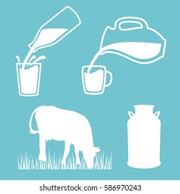 Cow, Milk Can, Milk Pouring From A Bottle In Cup, Splashes. Jar, Silhouettes On Blue Background. Concept Idea For Diary, Cattle Farm. For Logo, Tag, Banner, Advertising, Prints, Design Element, Label