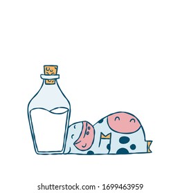 cow with milk cartoon vector illustration hand drawn