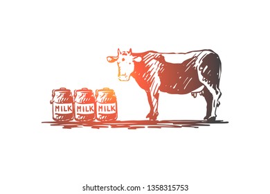 Cow, milk, cheese, farm, organic concept. Hand drawn cow and milk for cheese concept sketch. Isolated vector illustration.