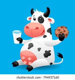 Cow with milk and cookies cartoon funny illustration.