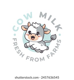 Cow milk with cute cow mascot label simple circle logo