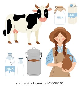 Cow milk, dairy farm. Girl with a clay jug, milkmaid. Domestic horned animal. Rural life. Set of flat vector illustrations on white background.