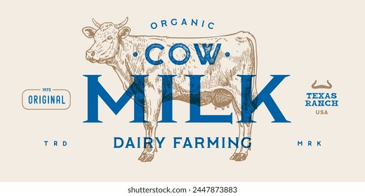 Cow, milk, dairy tag label. Template dairy farm, Milk Tag Label. Vintage cow print, tag, label sketch ink pencil drawing. Cow, milk dairy shop, text, typography. Vector Illustration