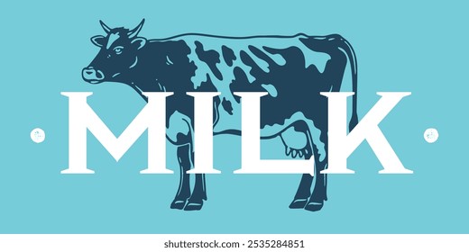 Kuh, Milch, Milchetikett. Vorlage Milchviehbetrieb, Milch Tag Label. Vintage Kuh Druck, Tag, Etikett Skizze Tintenstift Zeichnung. Kuh, Milchladen, Text, Typografie. Vektorgrafik