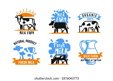 Cow and milk emblem. Farm blue stickers