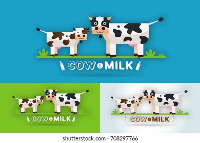 Cow Milk Farm Logo design vector template. Label, sticker, icon. Symbol for milk and skim. Web graphics, banners, advertisements, brochures, business templates. Isolated on a blue background