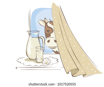 Cow and milk. Funny vector illustration, cheerful cow looks in the window